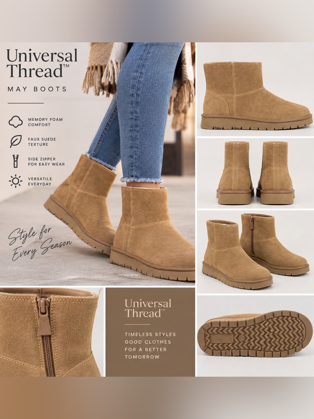 Universal Thread May Tan Faux Suede Memory Foam Ankle Boots Size 8 9 NWT